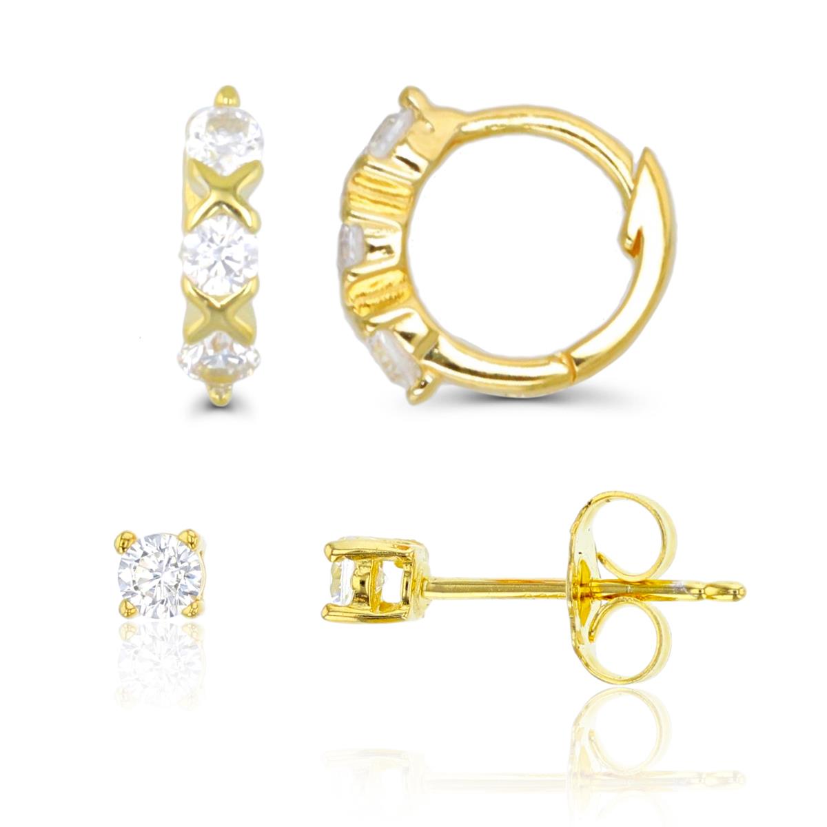 Sterling Silver Yellow 10X3.5MM Trio White CZ Huggie & 3.00mm AAA Round Solitaire Stud Earring Sets