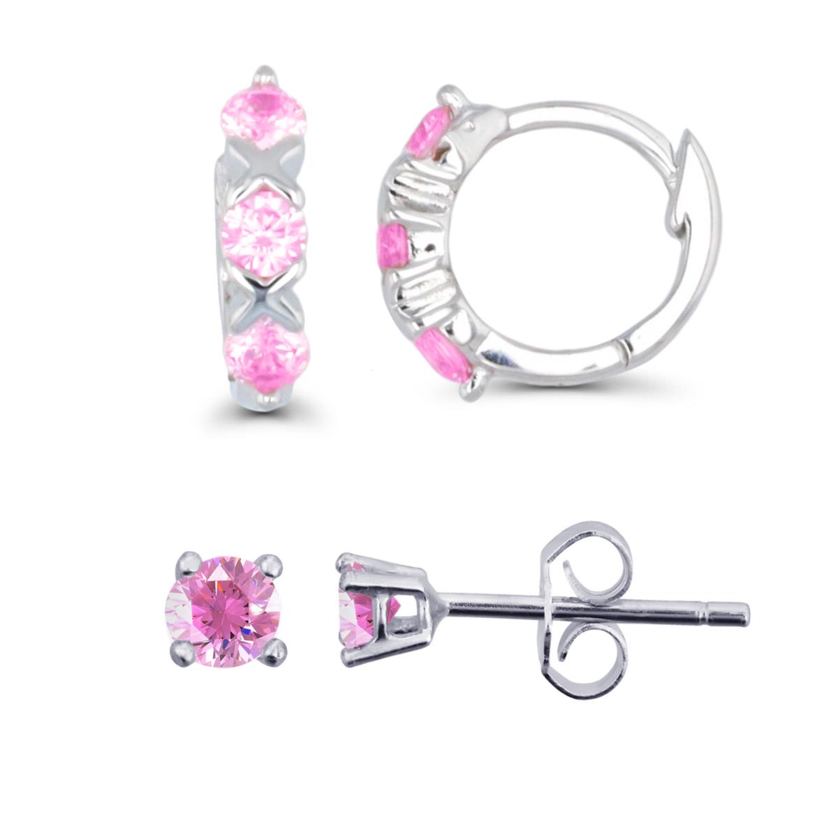 Sterling Silver Rhodium 10X3.5MM Trio Pink CZ Huggie & 3.00mm AAA Pink Round Solitaire Stud Earring Sets