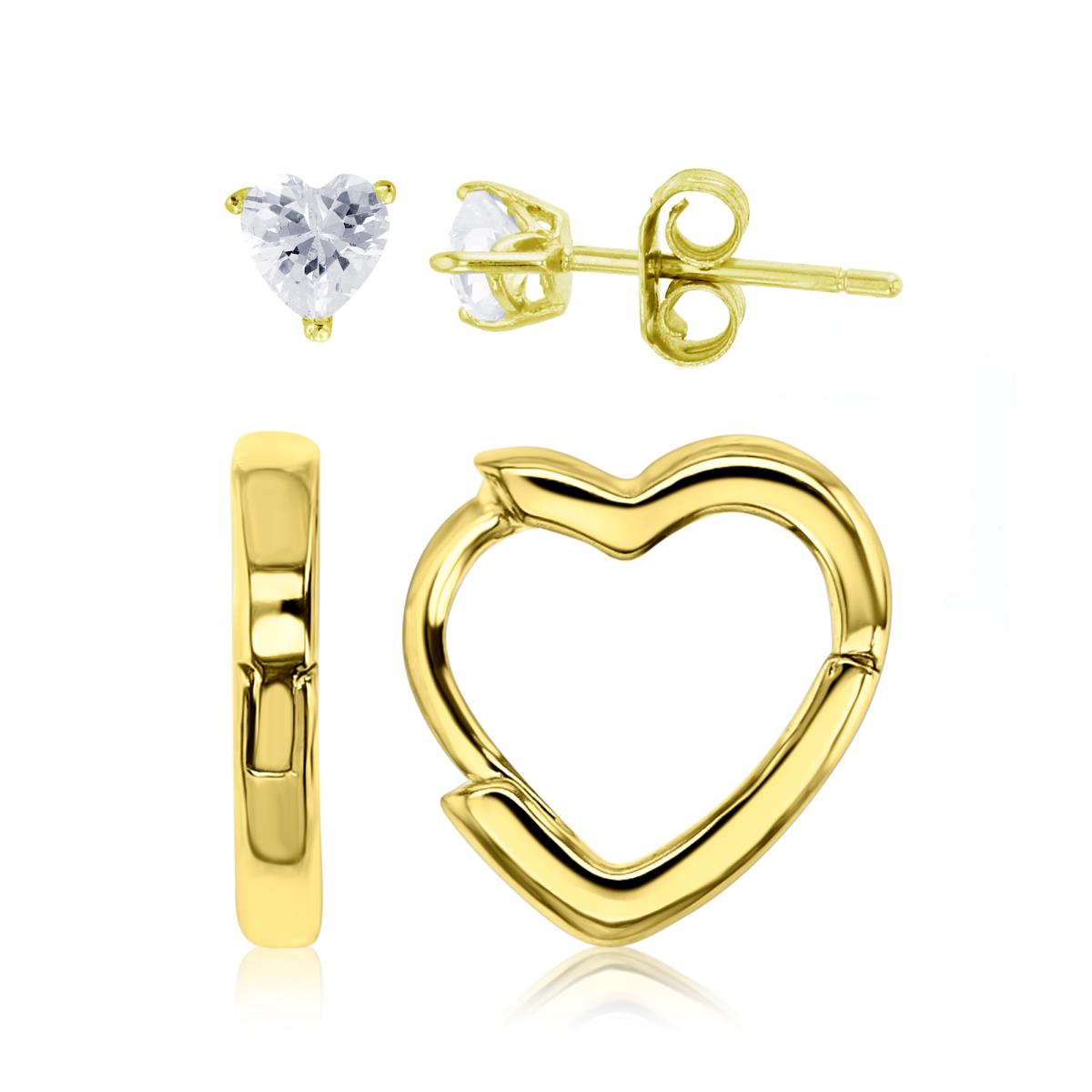 Sterling Silver Yellow 11X10MM Polished Heart Huggie & 4x4mm AAA Heart Solitaire Stud Earring Set