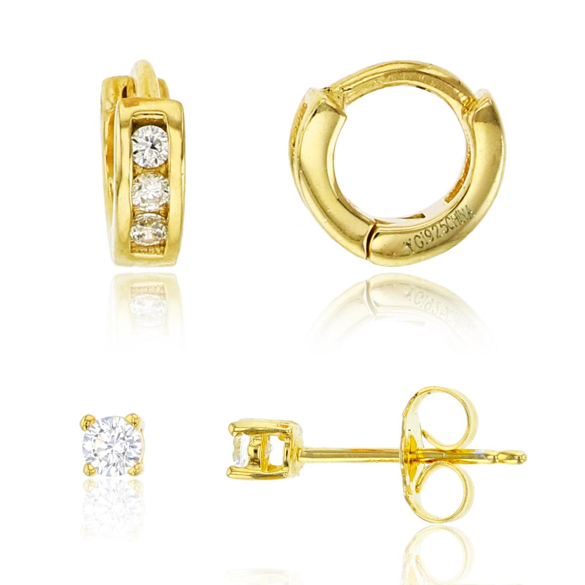 Sterling Silver Yellow 7x3mm 3-Stone Rd Cut CZ Babies' Huggie & 3.00mm AAA Round Solitaire Stud Earring Set