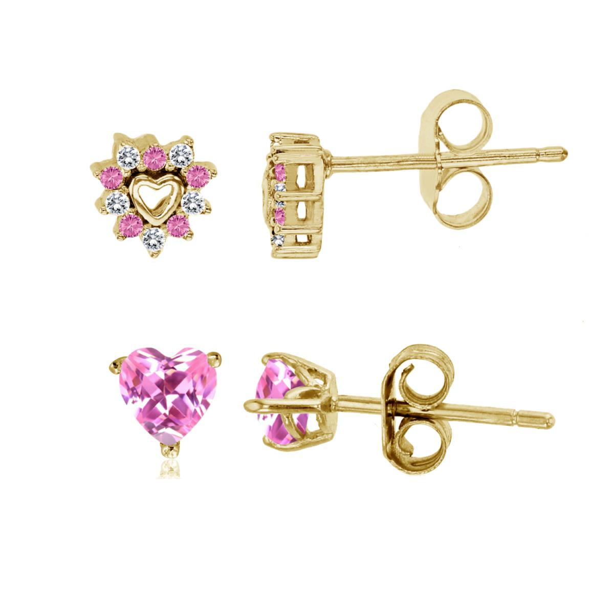 Sterling Silver Yellow Pink & White CZ 6mm Heart Stud & 4x4mm AAA Pink Heart Solitaire Stud Earring Set
