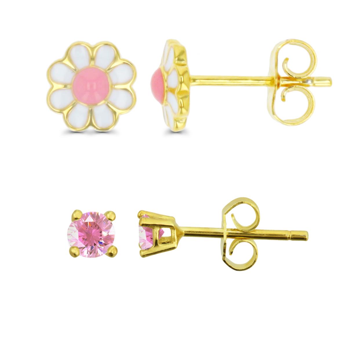 Sterling Silver Yellow 7MM Round Flower Pink & White Enamel & 3.00mm AAA Pink Round Solitaire Earring Set