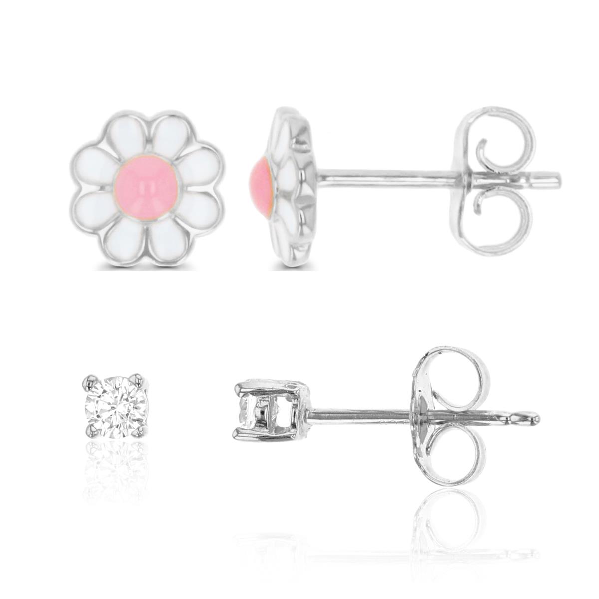 Sterling Silver Rhodium 7MM Round Flower Pink & White Enamel & 3.00mm AAA Pink Round Solitaire Earring Set