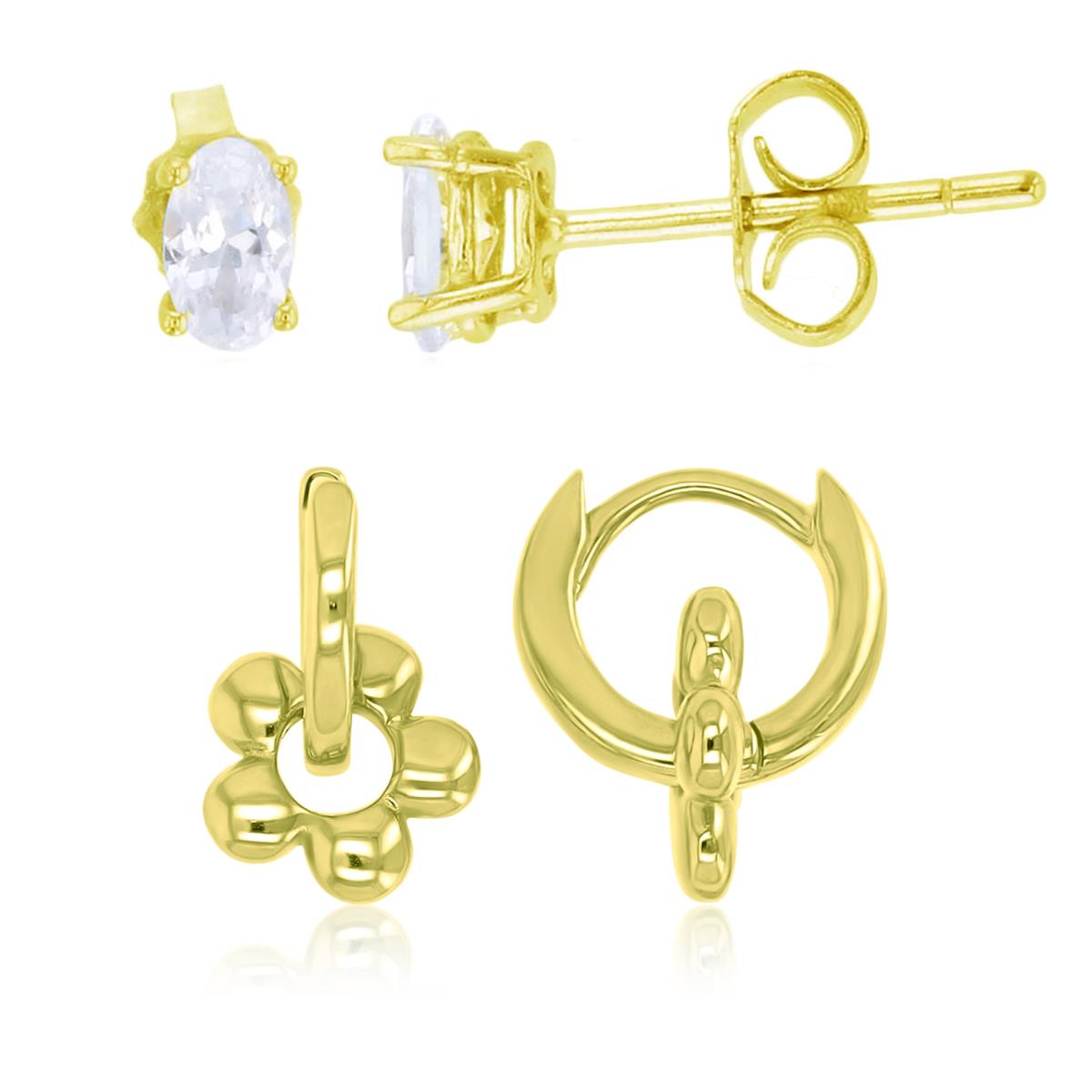 Sterling Silver Yellow 8x13mm Flower Huggie & 3x5mm AAA Oval Solitaire Stud Earring Set