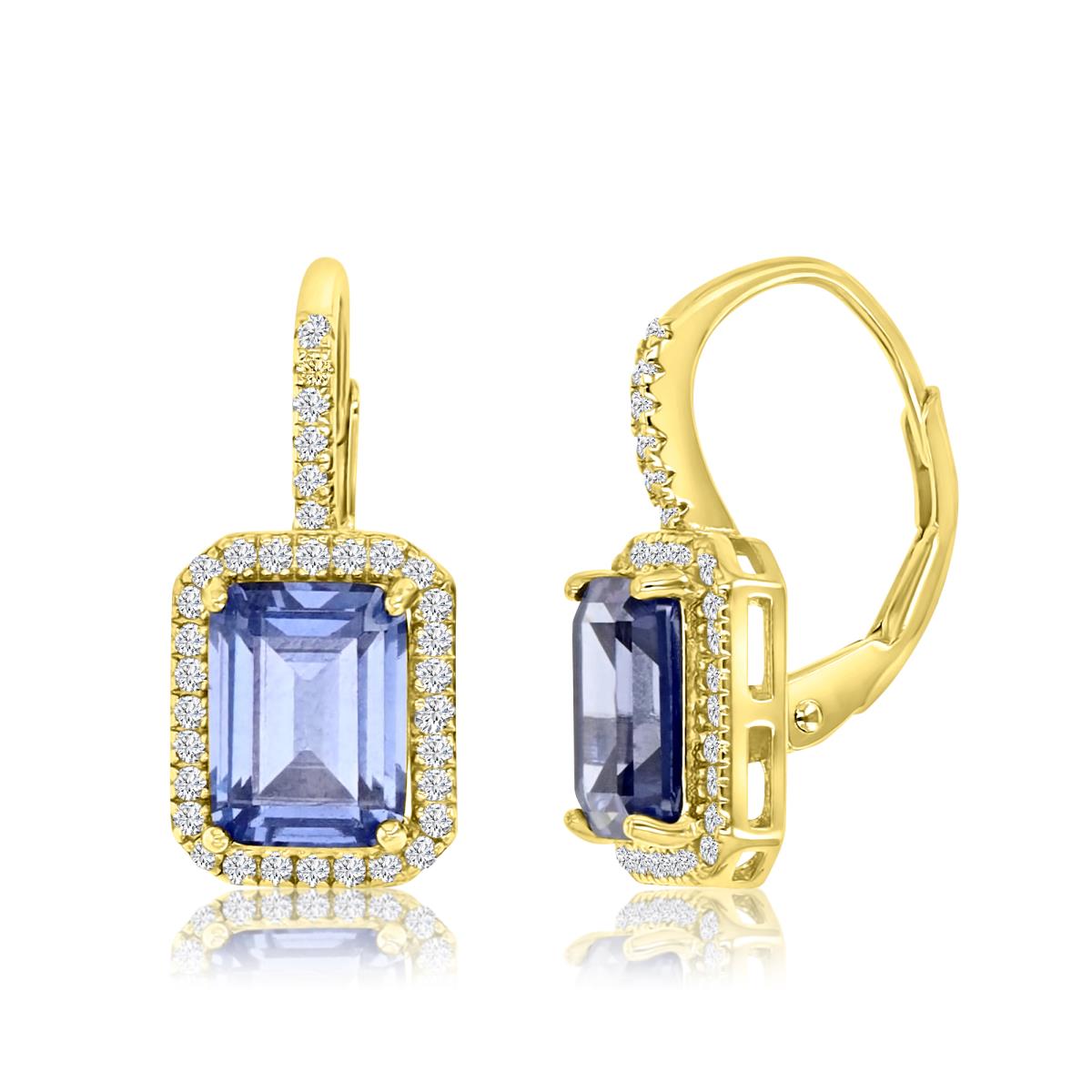 Sterling Silver Yellow 18X9MM Polished Tanzanite & White Emerald Cut Dangling Lever Back Earrings