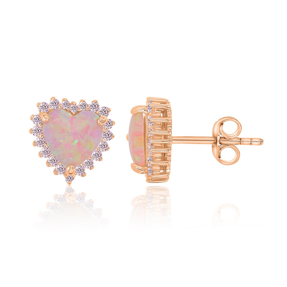 Sterling Silver Rose 10x10mm Heart Opal & Pink CZ Stud Earring