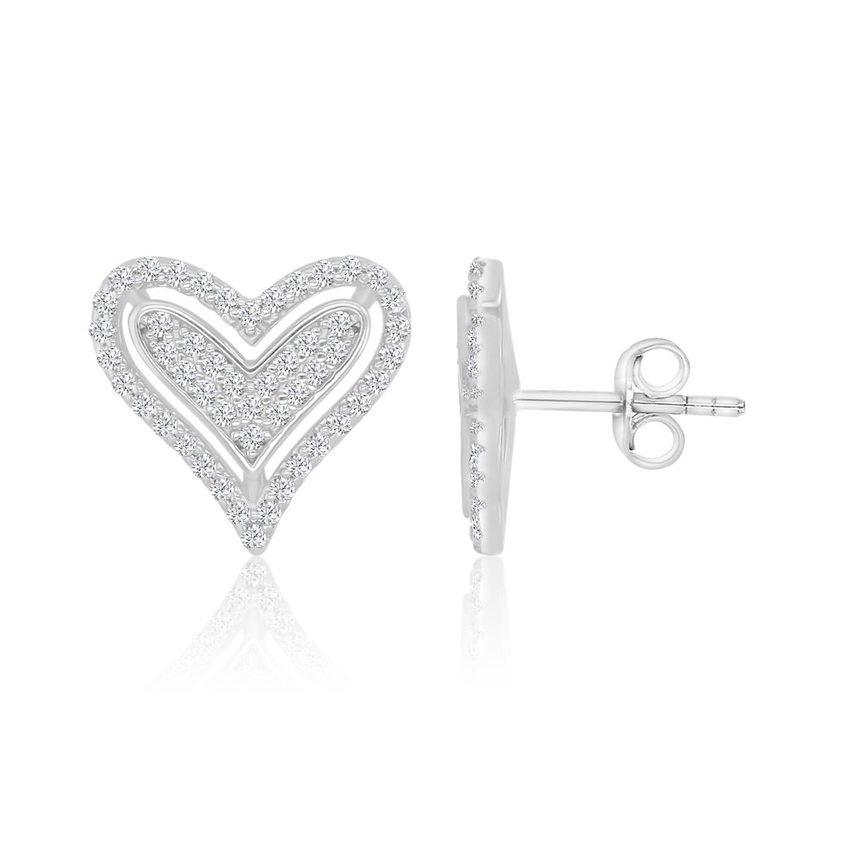 Sterling Silver Rhodium 12x13mm White CZ Pave Heart Stud Earrings