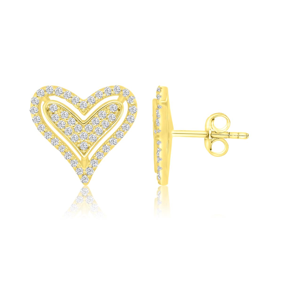 Sterling Silver Yellow 1M 12x13mm White CZ Pave Heart Stud Earrings