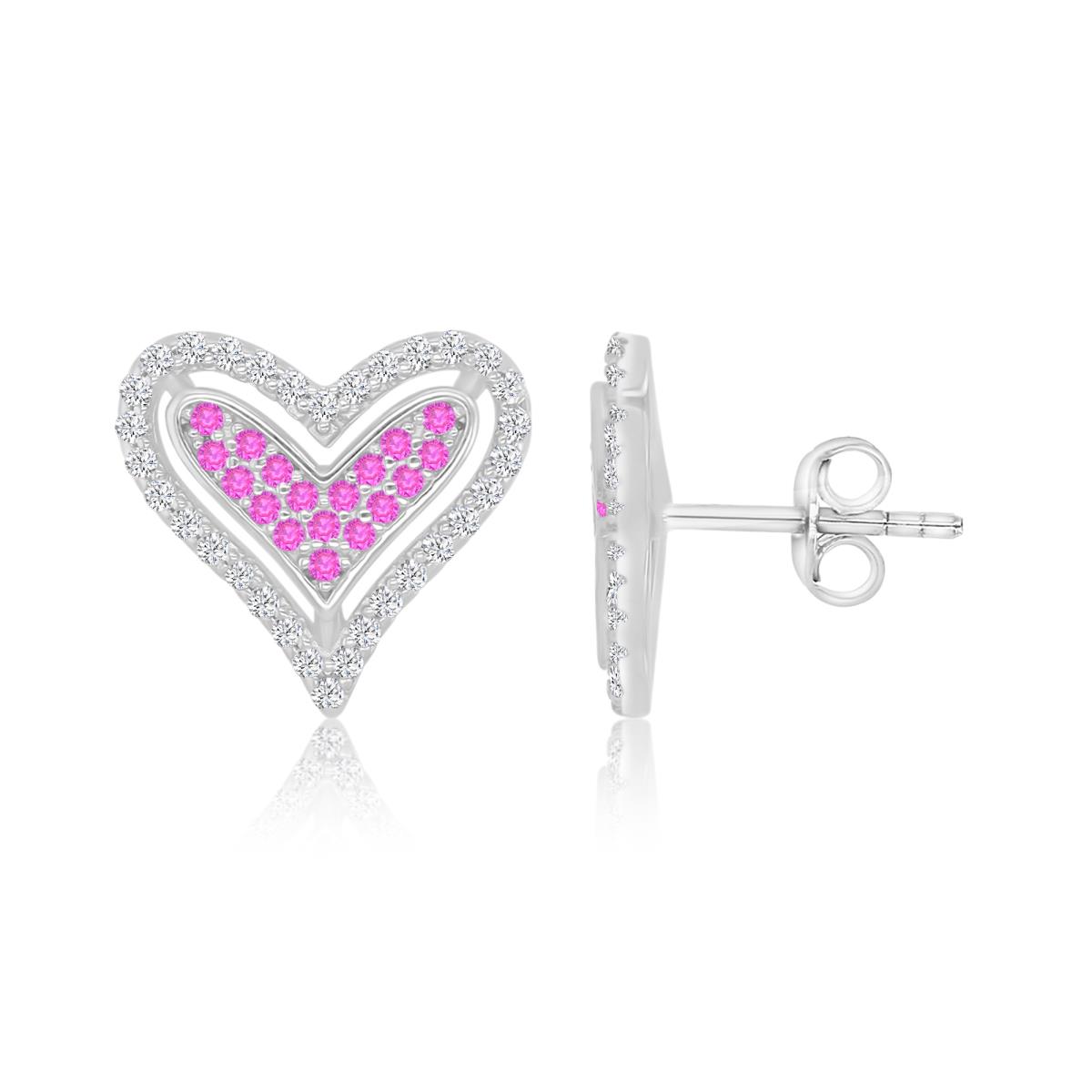 Sterling Silver Rhodium 12x13mm Created Pink & White Sapphire Pave Heart Stud Earrings