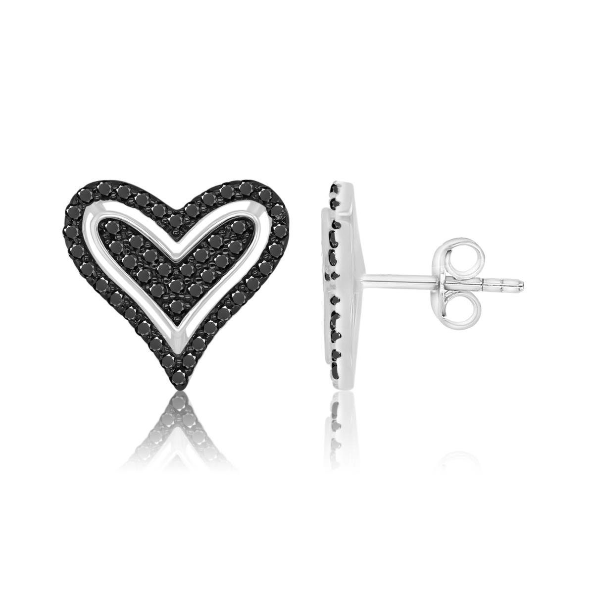 Sterling Silver Black & White 12x13mm Black Spinel Pave Heart Stud Earrings