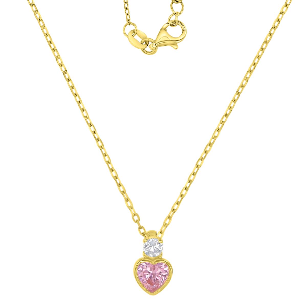 Sterling Silver Yellow 6X9.5mm Heart Cut Pink & White CZ Rolo Chain 13+2" Necklace
