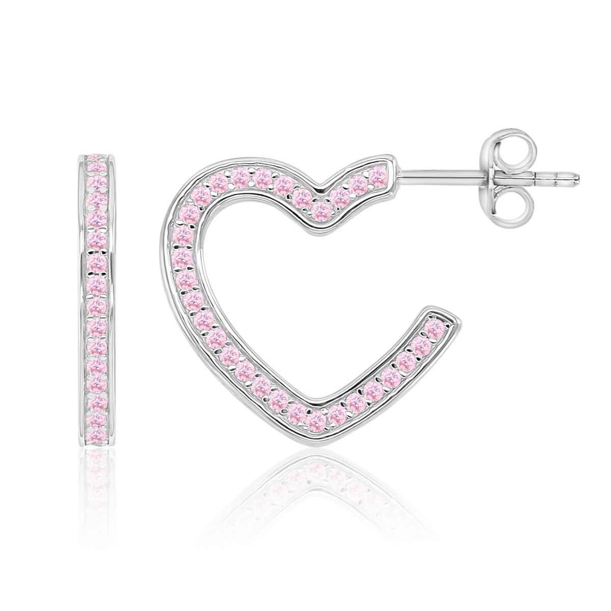 Sterling Silver Rhodium 2.5X17.5mm Pink CZ Heart Stud Earrings