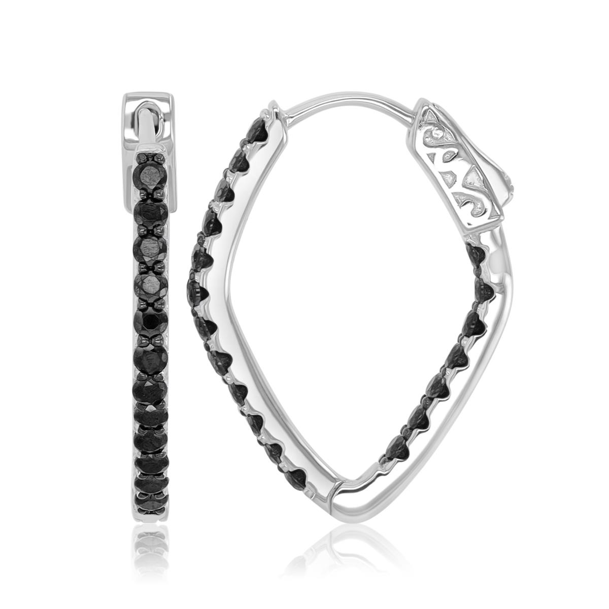 Sterling Silver Black & White 2x26mm Black Spinel Geometric Hoop Earrings