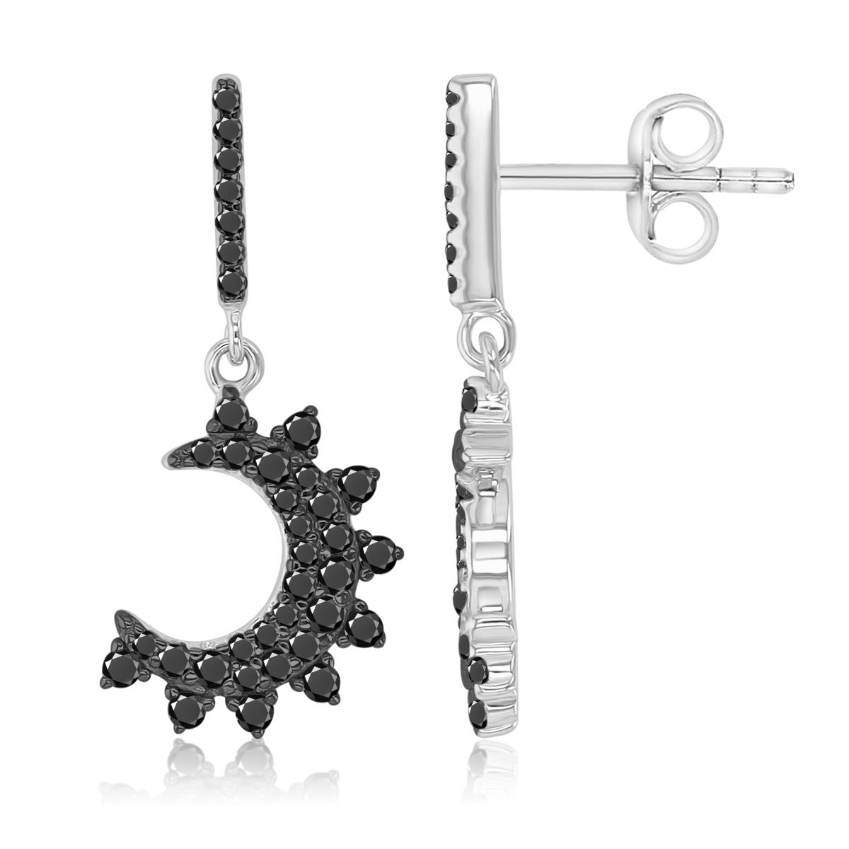 Sterling Silver Black & White 10x24.5mm Black Spinel Half Moon Dangling Earrings