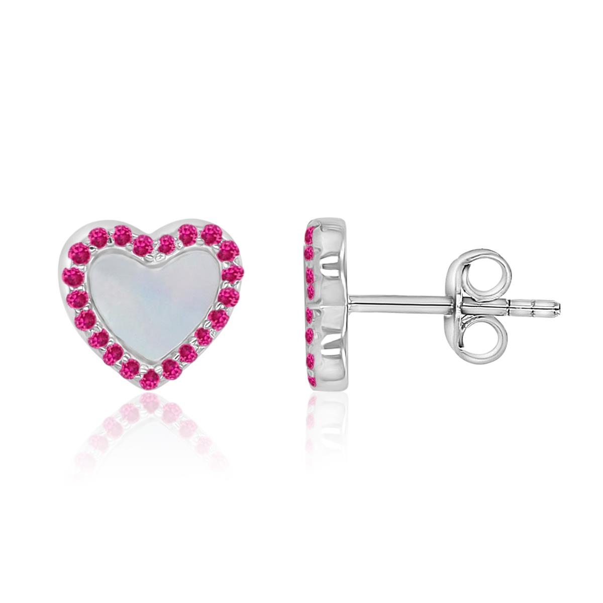 Sterling Silver Rhodium 8.3x9mm Created Ruby & White MOP Heart Stud Earrings
