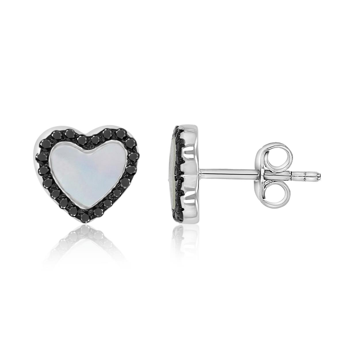 Sterling Silver Black & White 8.3x9mm Black Spinel & White MOP Heart Stud Earrings