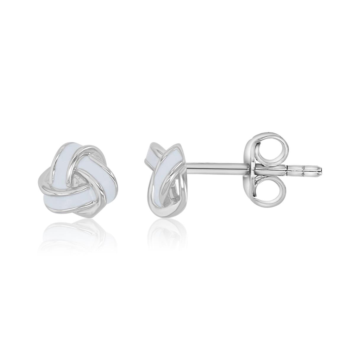 Sterling Silver Rhodium 6MM White Enamel Knot Stud Earrings
