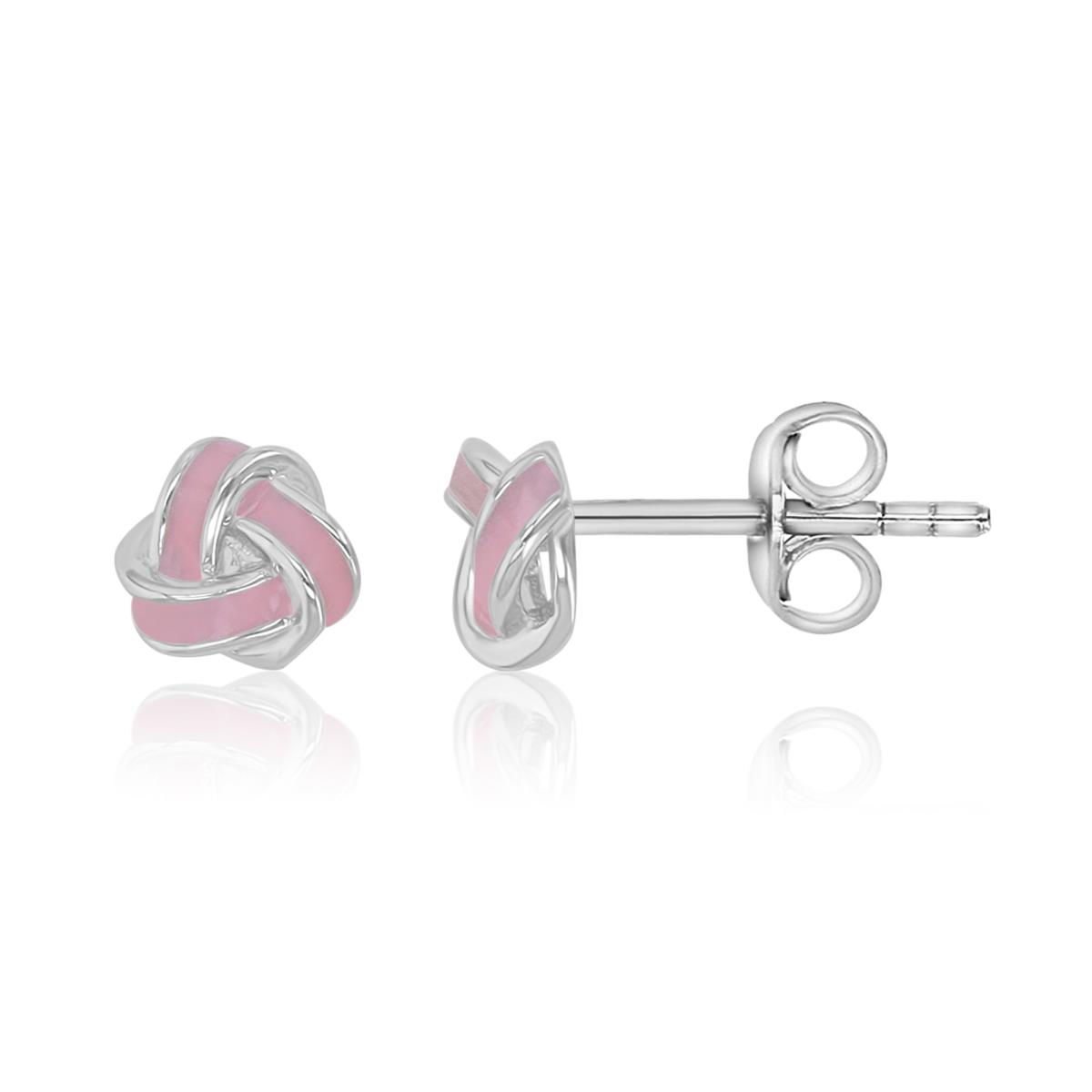 Sterling Silver Rhodium 6MM Pink Enamel Knot Stud Earrings