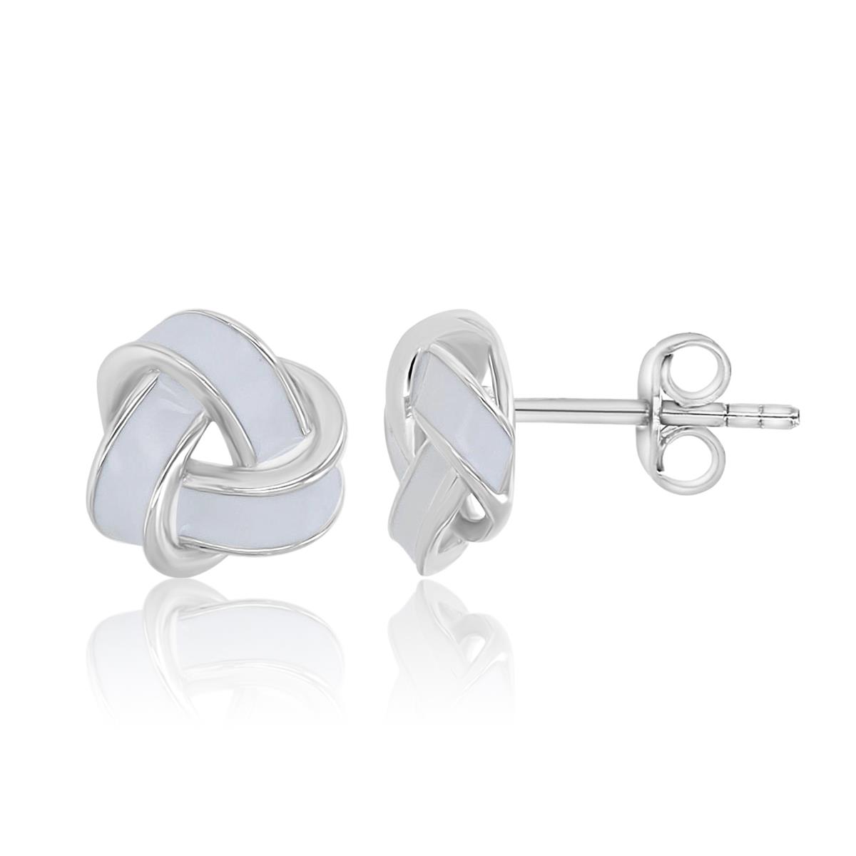 Sterling Silver Rhodium 9.5X10MM White Enamel Knot Stud Earrings
