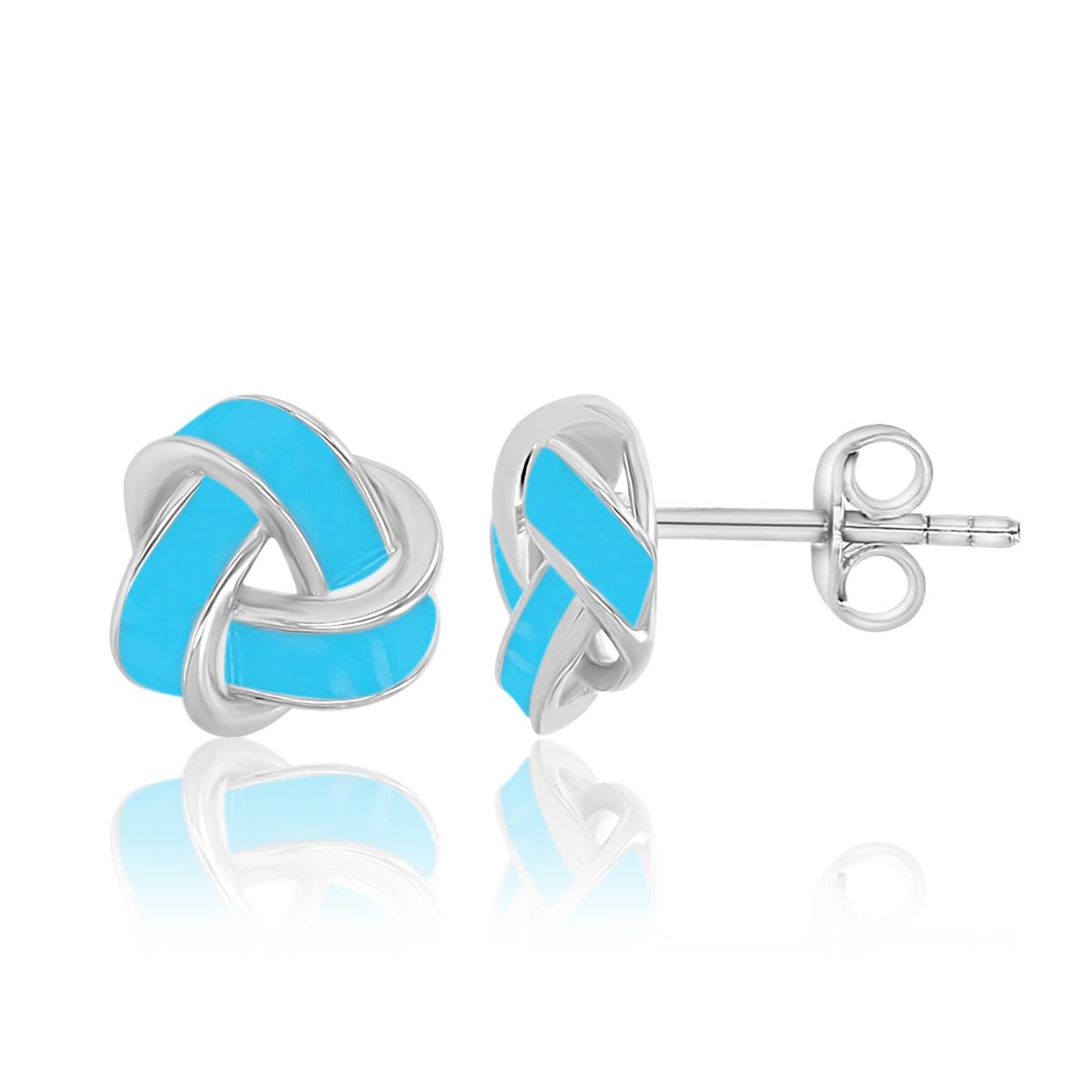 Sterling Silver Rhodium 9.5X10MM Aqua Blue Enamel Knot Stud Earrings
