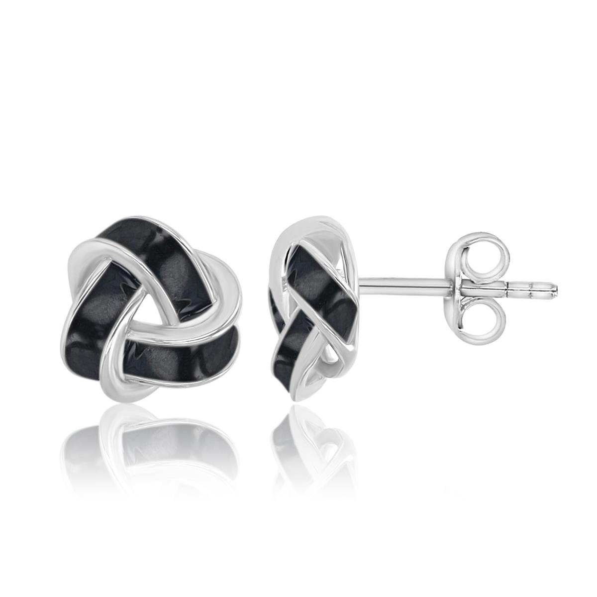 Sterling Silver Rhodium 9.5X10MM Black Enamel Knot Stud Earrings