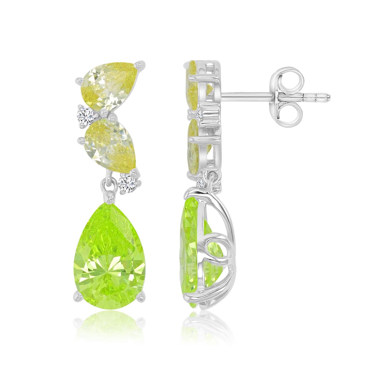 Sterling Silver Rhodium 8x27mm Pear Shaped Canary Yellow & Pale Green & White CZ Dangling Earrings