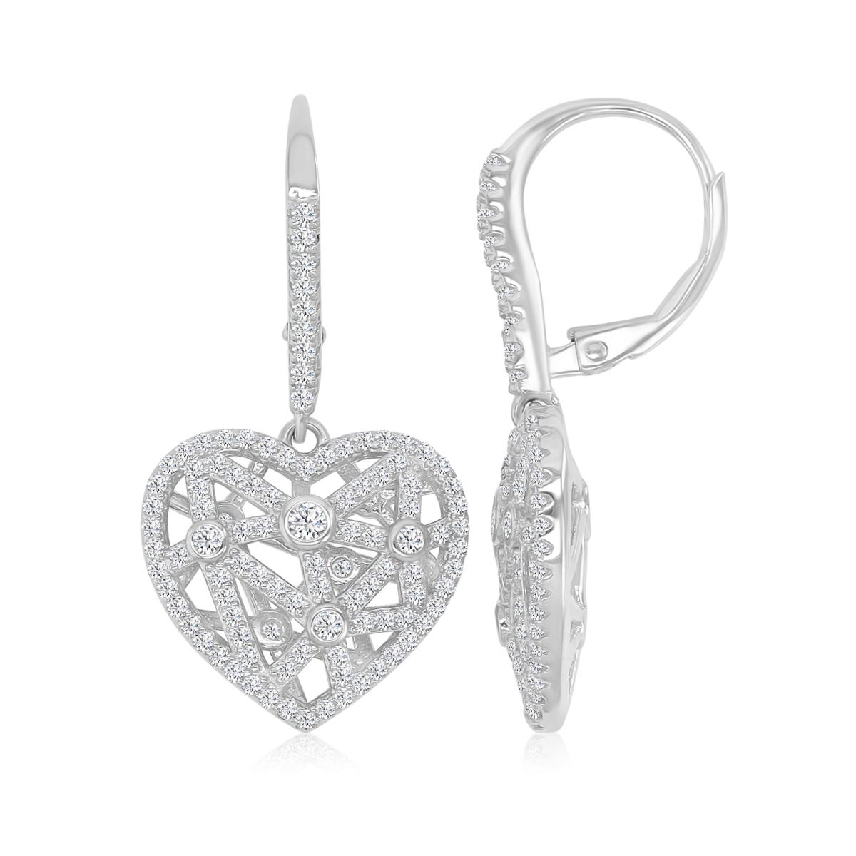 Sterling Silver Rhodium 17X32.5MM White CZ Dangling Hollow Heart Lever Back Earrings