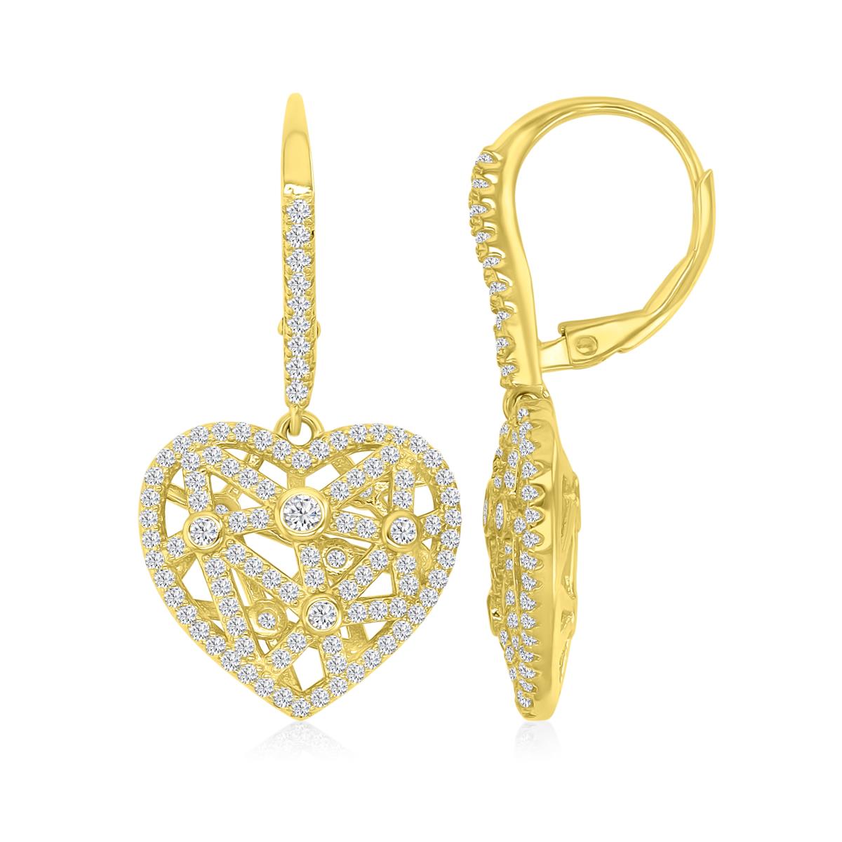 Sterling Silver Yellow 1M 17X32.5MM White CZ Dangling Hollow Heart Lever Back Earrings