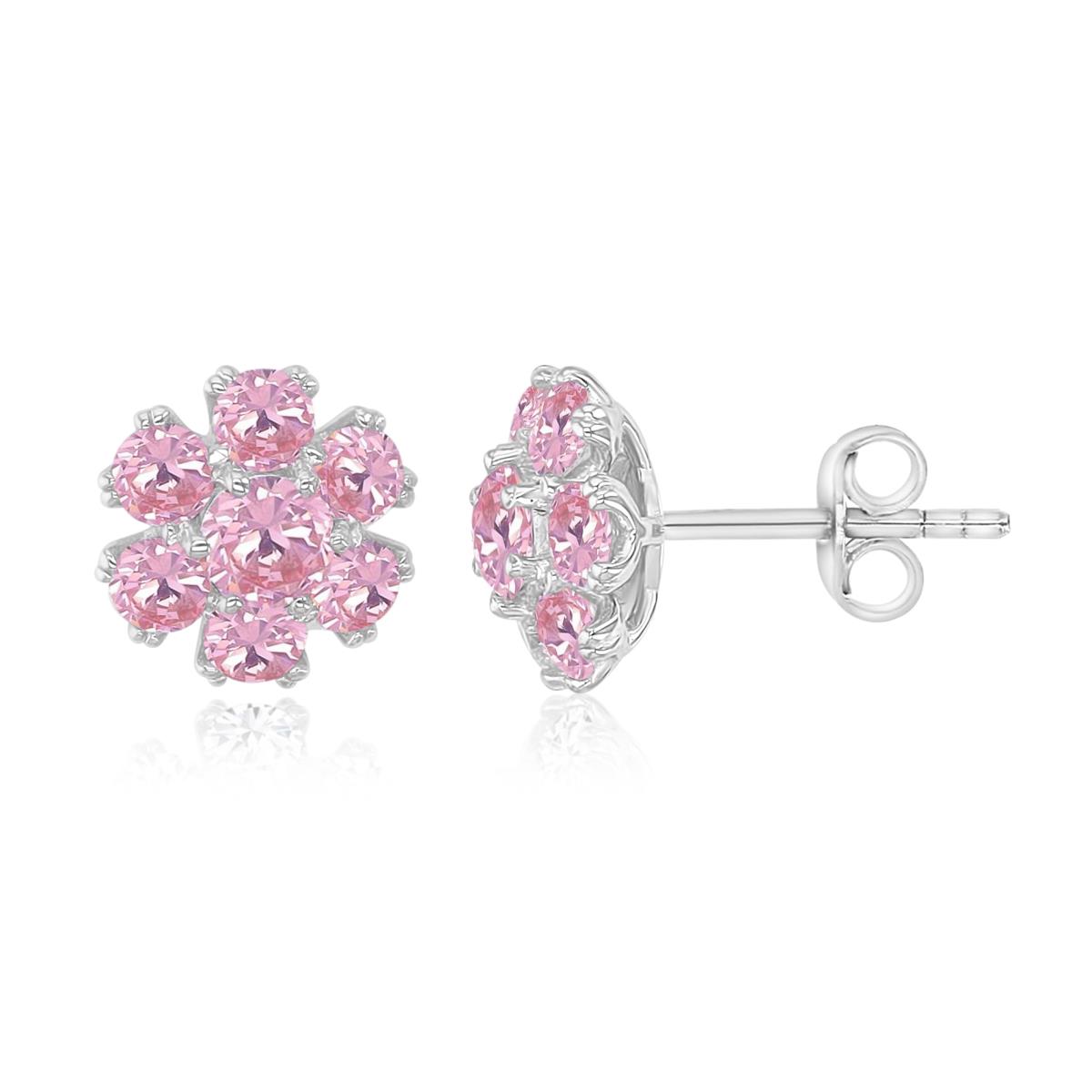 Sterling Silver Rhodium 10MM Pink CZ Flower Stud Earrings