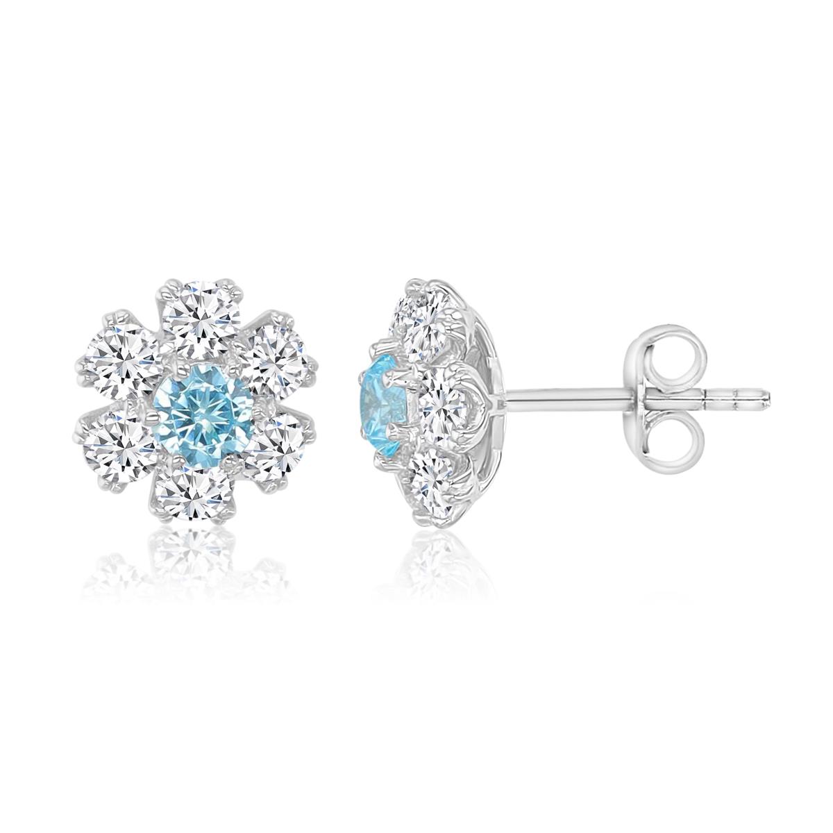 Sterling Silver Rhodium 10MM Light Blue & White CZ Flower Stud Earrings