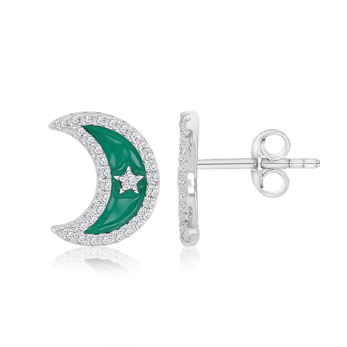 Sterling Silver Rhodium 9.7X12MM White CZ & Green Enamel Half Moon Stud Earrings