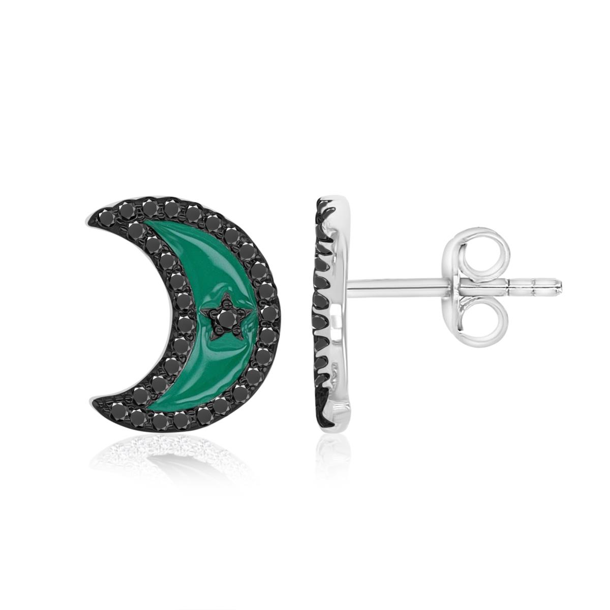 Sterling Silver Rhodium 9.7X12MM Black Spinel & Green Enamel Half Moon Stud Earrings