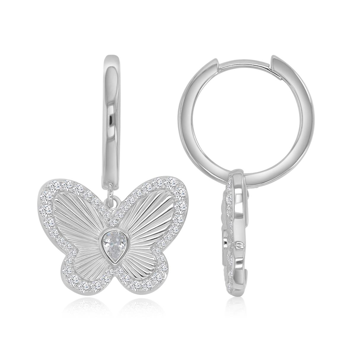 Sterling Silver Rhodium 19X30.5MM White CZ Butterfly Dangling Earrings