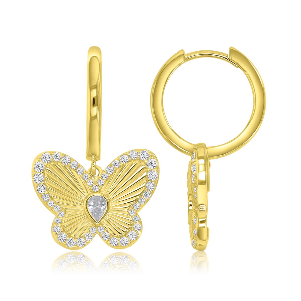 Sterling Silver Yellow 1M 19X30.5MM White CZ Butterfly Dangling Earrings