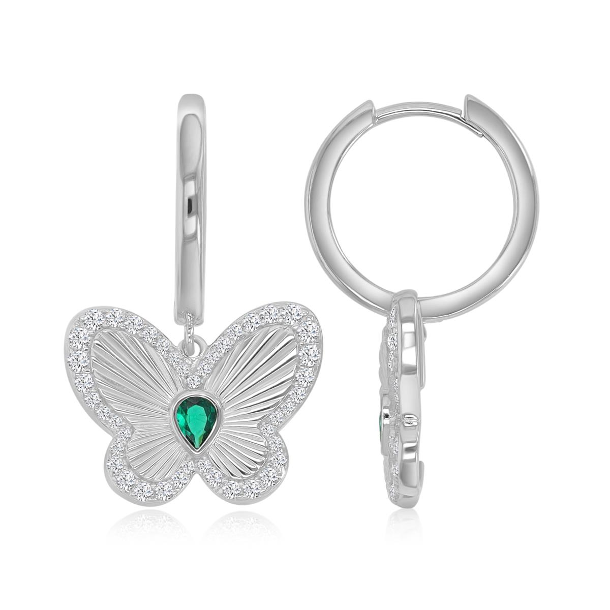 Sterling Silver Rhodium 19X30.5MM Green Nano & White CZ Butterfly Dangling Earrings