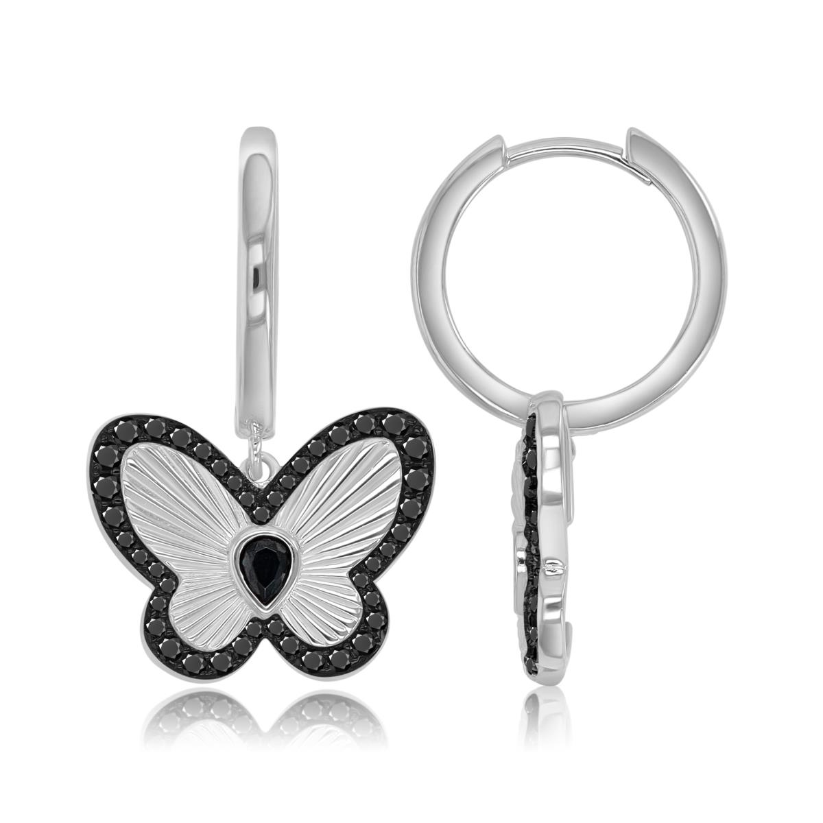 Sterling Silver Black & White 19X30.5MM Black Spinel Butterfly Dangling Earrings