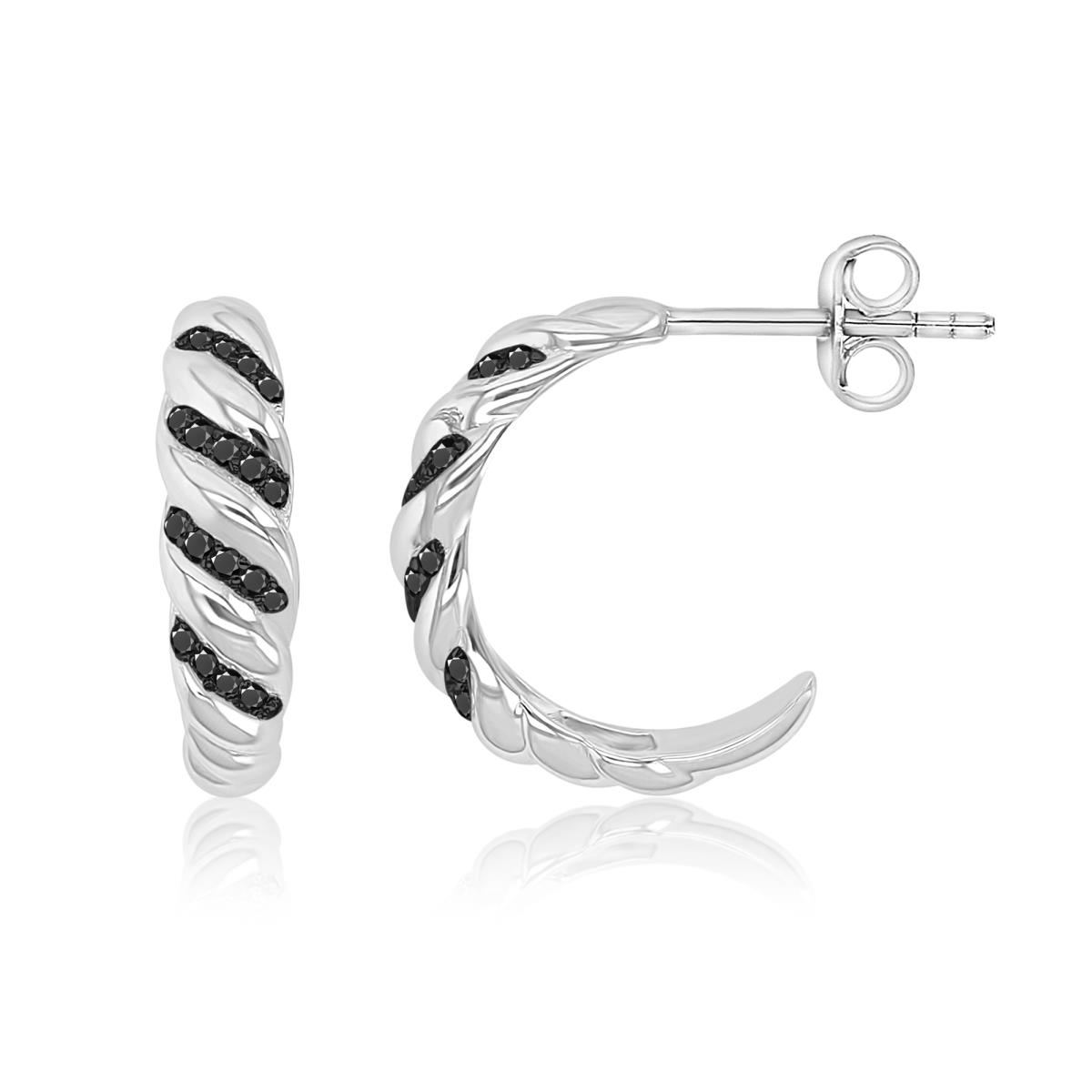 Sterling Silver Black & White 4.5X16MM Black Spinel Twisted Hoop Stud Earrings
