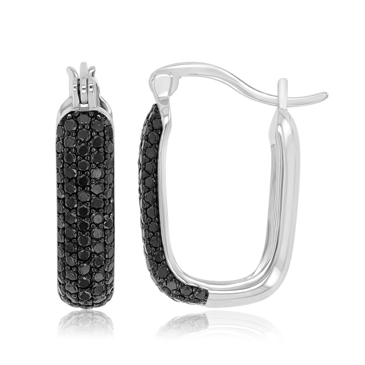 Sterling Silver Black & White 5X20.5MM Black Spinel Rectangle Hoop Earrings