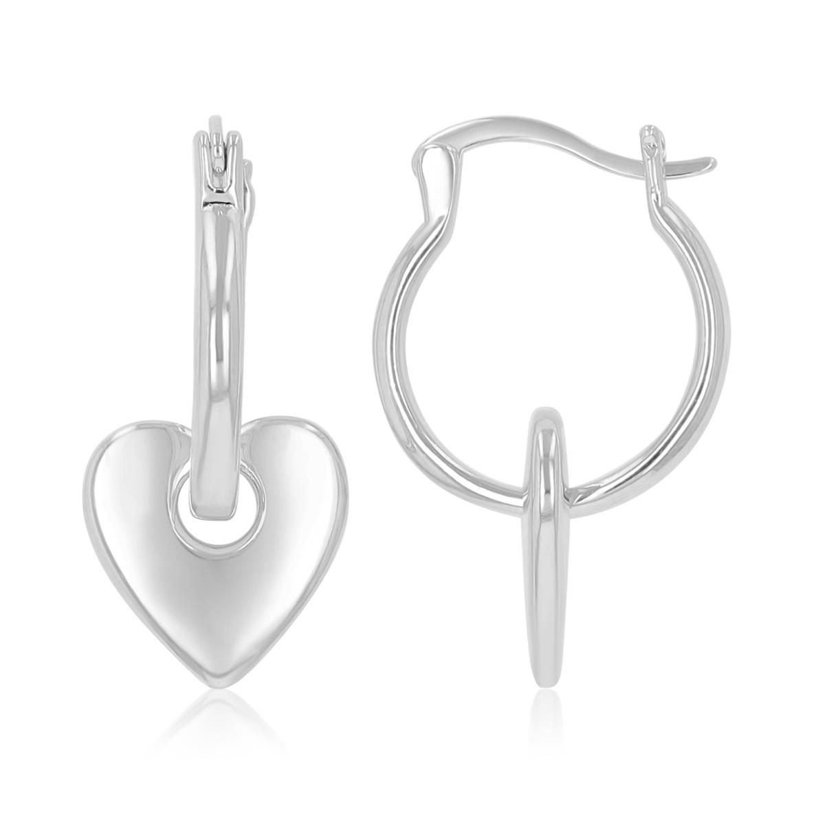 Sterling Silver Rhodium 11.5X25.5mm Heart Hoop Dangling Earrings