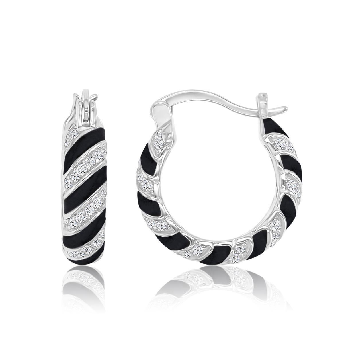 Sterling Silver Rhodium 4X16.5MM White CZ & Black Enamel Hoop Earrings