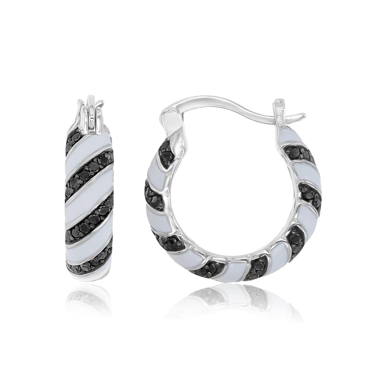 Sterling Silver Black & White 4X16.5MM Black Spinel & White Enamel Hoop Earrings