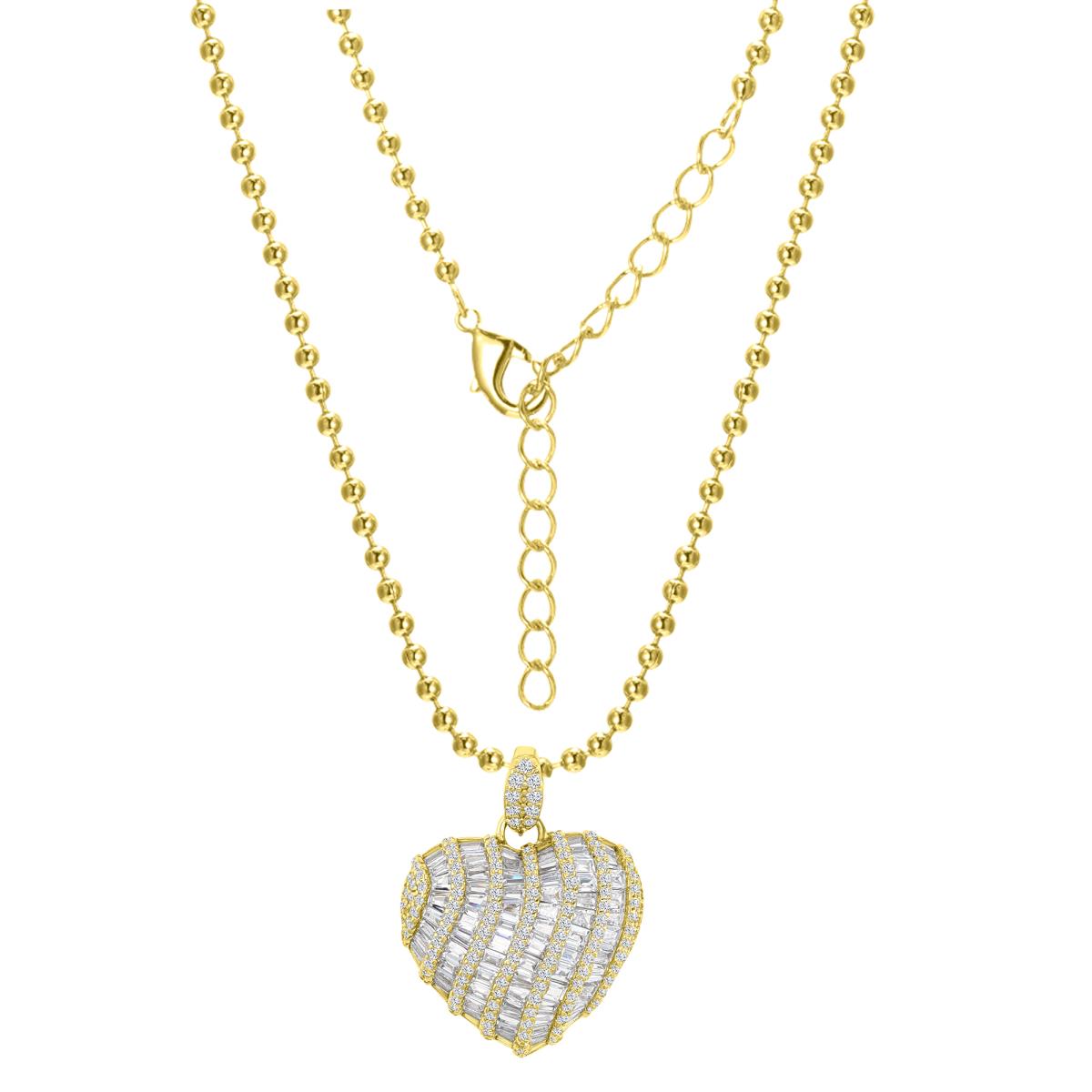 Brass Yellow 26MM Polished White CZ Pave & Baguette Cut Heart Beaded Chain 18+2" Necklace