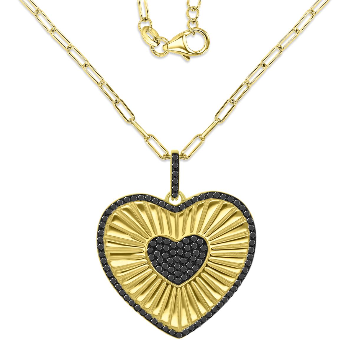 Brass Black & Yellow 26x31mm Black CZ Fluted Heart Paperclip Chain 18+2" Necklace