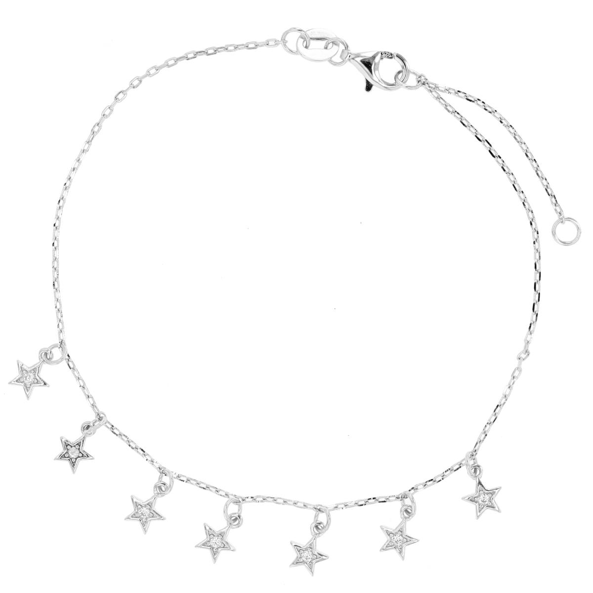 Sterling Silver Rhodium Dangling Stars 9+1" Anklet