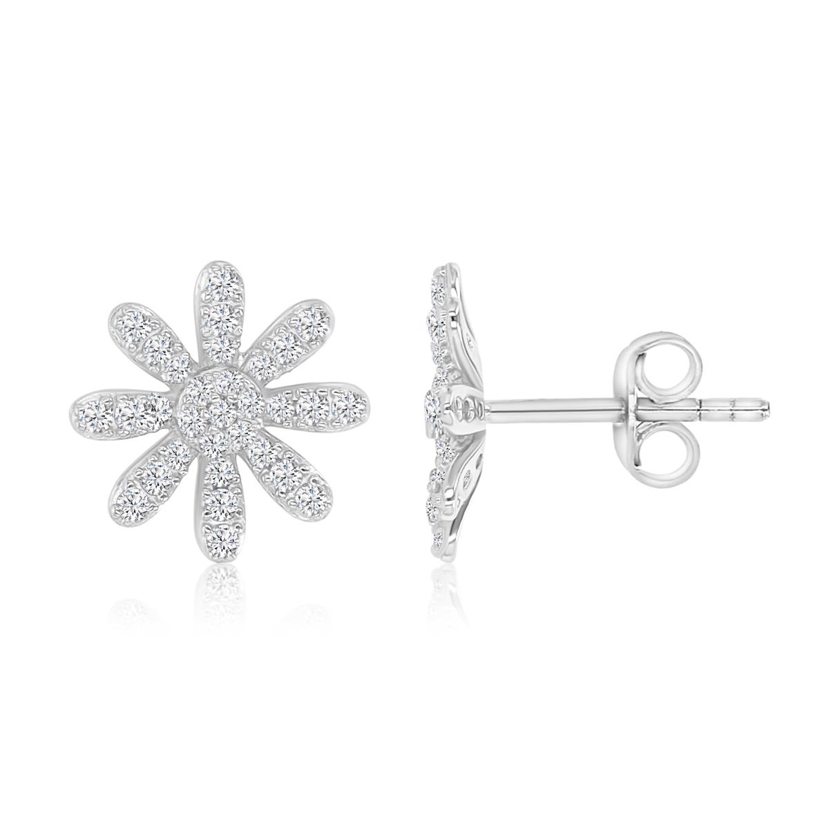 Sterling Silver Rhodium 12MM White CZ Flower Pave Stud Earrings