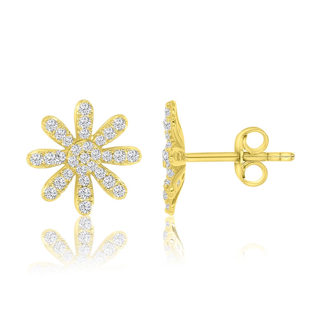Sterling Silver Yellow 12MM White CZ Flower Pave Stud Earrings