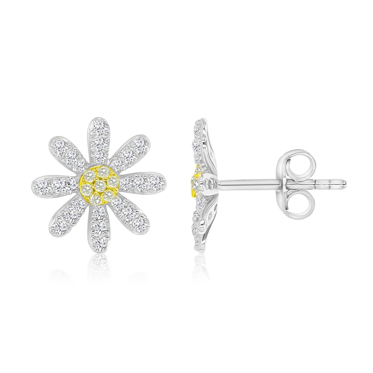 Sterling Silver Yellow & White 12MM Yellow & White CZ Flower Pave Stud Earrings