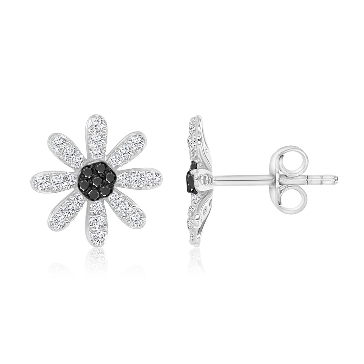 Sterling Silver Black & White 12MM Black Spinel & Created White Sapphire Flower Pave Stud Earrings