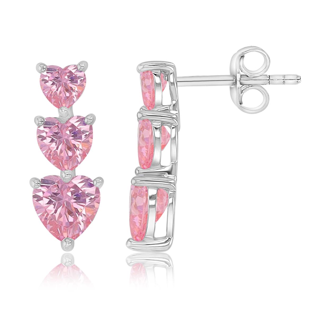 Sterling Silver Rhodium 6.5X17MM Triple Heart Pink CZ Stud Earrings