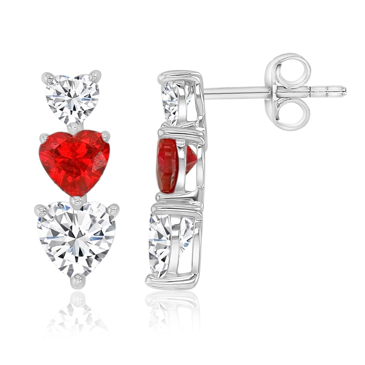 Sterling Silver Rhodium 6.5X17MM Triple Heart Created Ruby & Created White Sapphire Stud Earrings